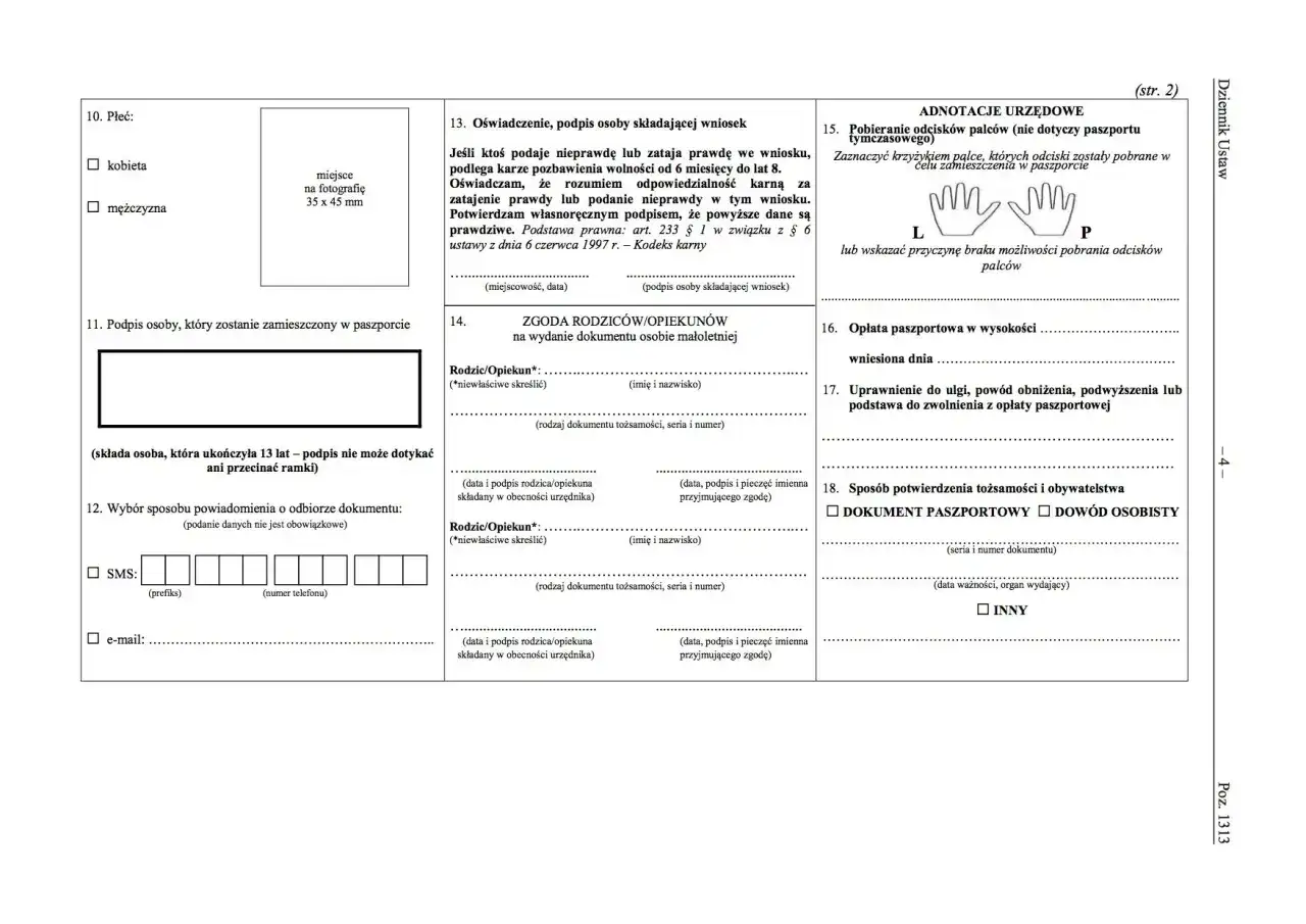 Formularz wniosku o wydanie dokumentu, zawiera pola do wpisania danych osobowych, podpisu, zgody rodziców oraz informacji o opłatach.