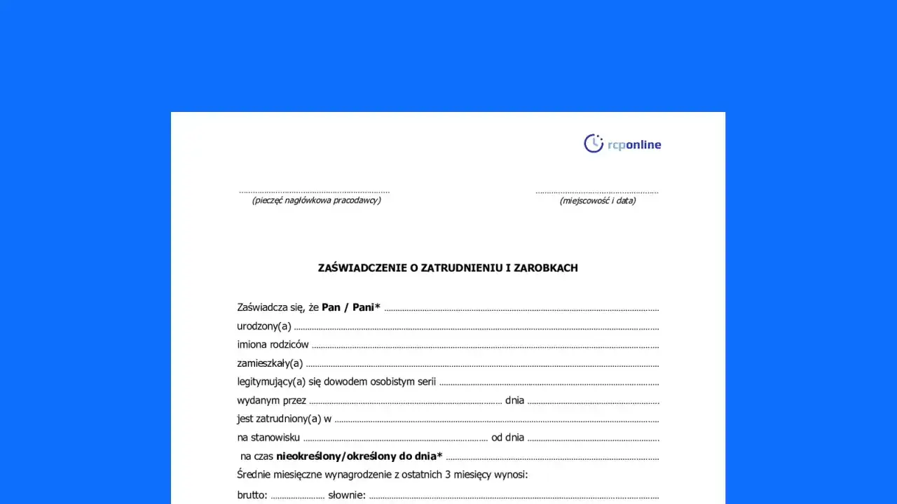 Zaświadczenie o zatrudnieniu i zarobkach, dokument potwierdzający zatrudnienie i dochody.