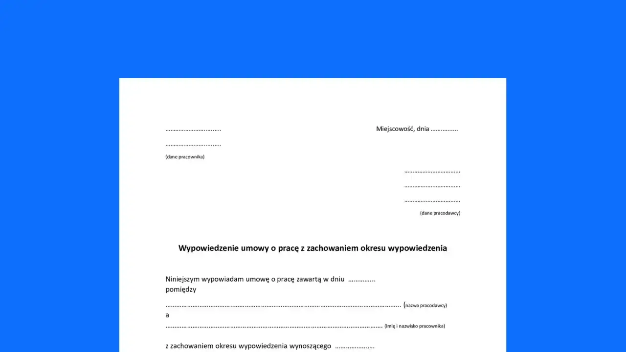Formularz wypowiedzenia umowy o pracę przez pracownika. Dokument zawiera pola na dane pracownika i pracodawcy oraz treść oświadczenia o wypowiedzeniu.